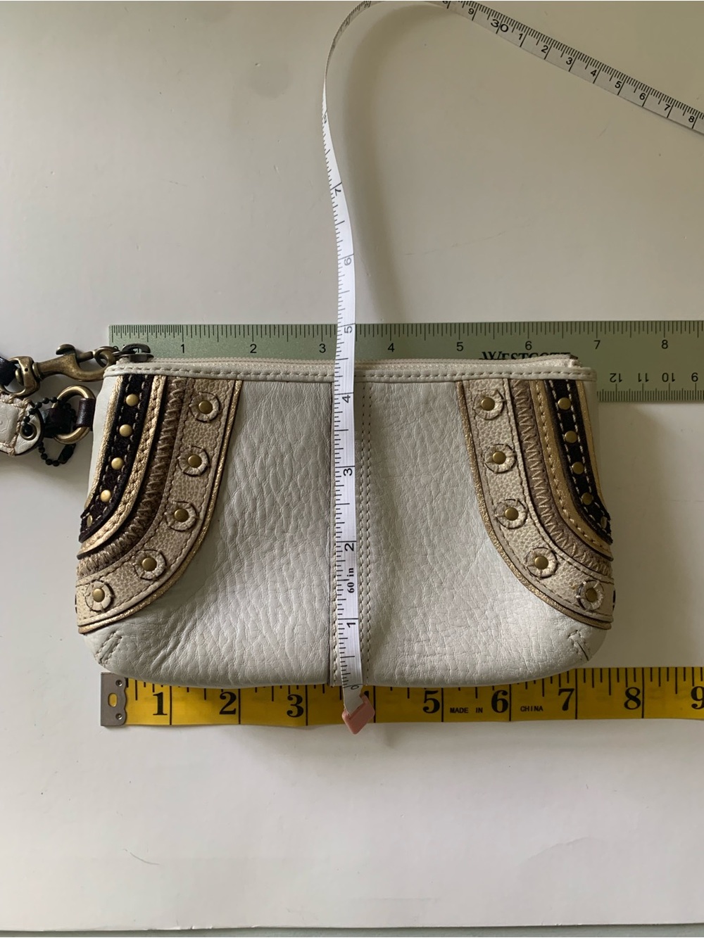 Coach Soho Embroidered Stitch Studded Wristlet, Pebbled White Leather, Gold Stud - Picture 7 of 14